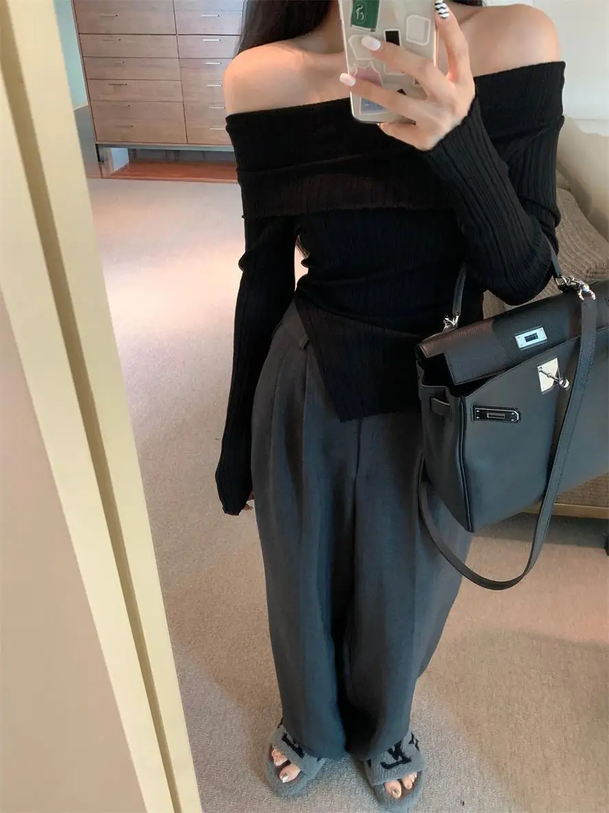Ins Sexy Hot Girl Off-Shoulder Autumn and Winter Base Layer Women's T-Shirt Korean Style Slim Fit Pure Desire Base Layer Top Women's T-Shirt Trendy — feature 34