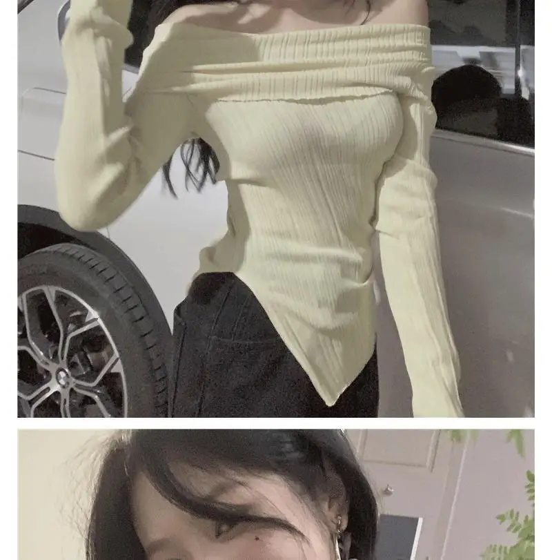 Ins Sexy Hot Girl Off-Shoulder Autumn and Winter Base Layer Women's T-Shirt Korean Style Slim Fit Pure Desire Base Layer Top Women's T-Shirt Trendy — feature 4