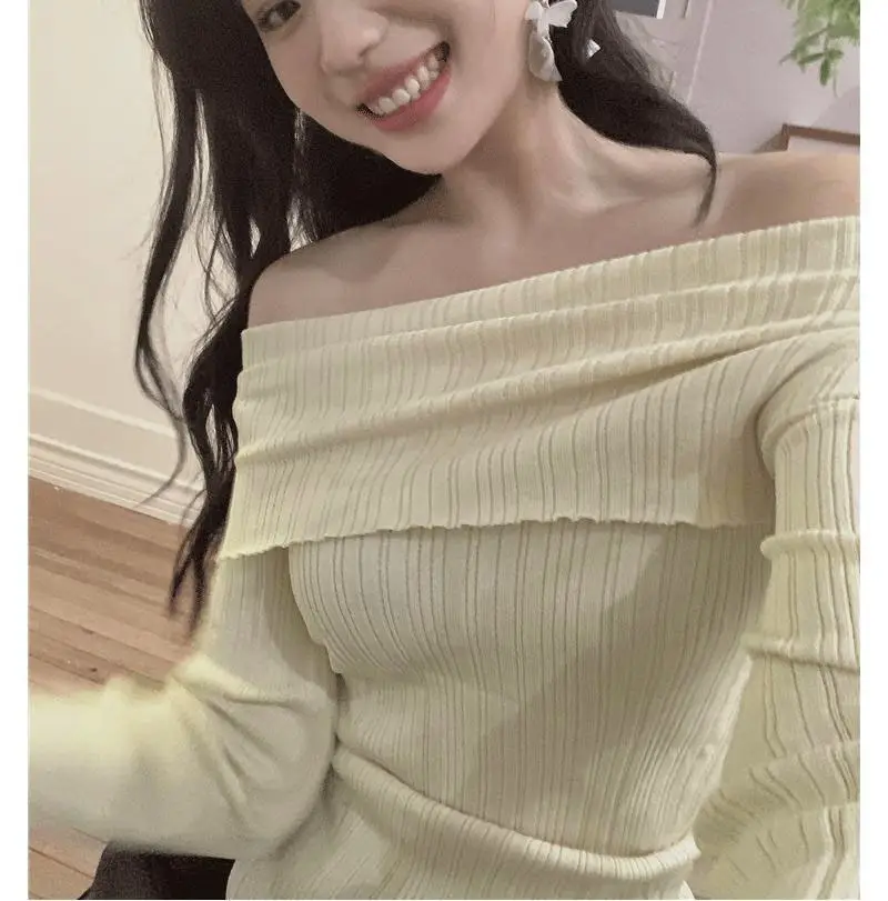 Ins Sexy Hot Girl Off-Shoulder Autumn and Winter Base Layer Women's T-Shirt Korean Style Slim Fit Pure Desire Base Layer Top Women's T-Shirt Trendy — feature 5
