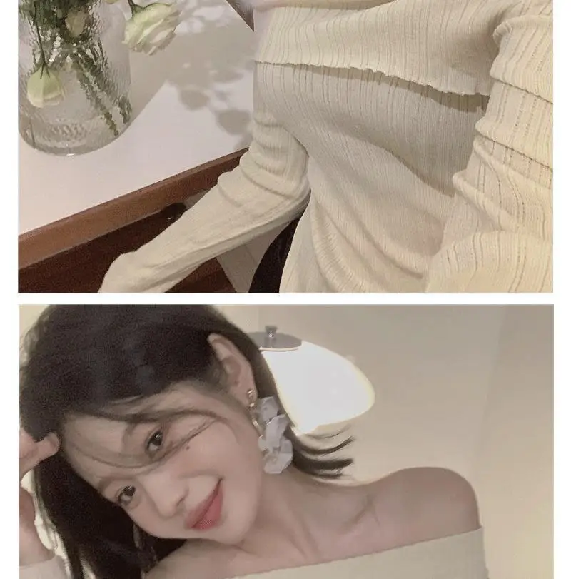 Ins Sexy Hot Girl Off-Shoulder Autumn and Winter Base Layer Women's T-Shirt Korean Style Slim Fit Pure Desire Base Layer Top Women's T-Shirt Trendy — feature 8