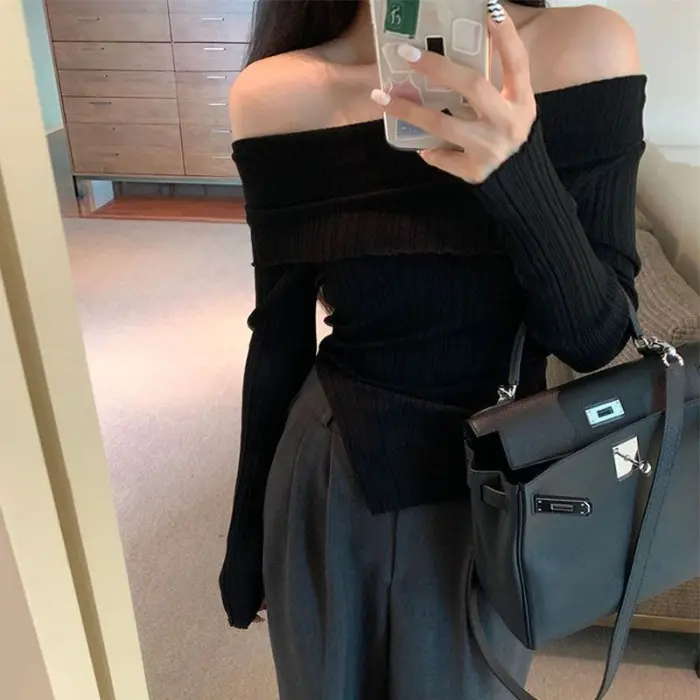 Ins Sexy Hot Girl Off-Shoulder Autumn and Winter Base Layer Women's T-Shirt Korean Style Slim Fit Pure Desire Base Layer Top Women's T-Shirt Trendy