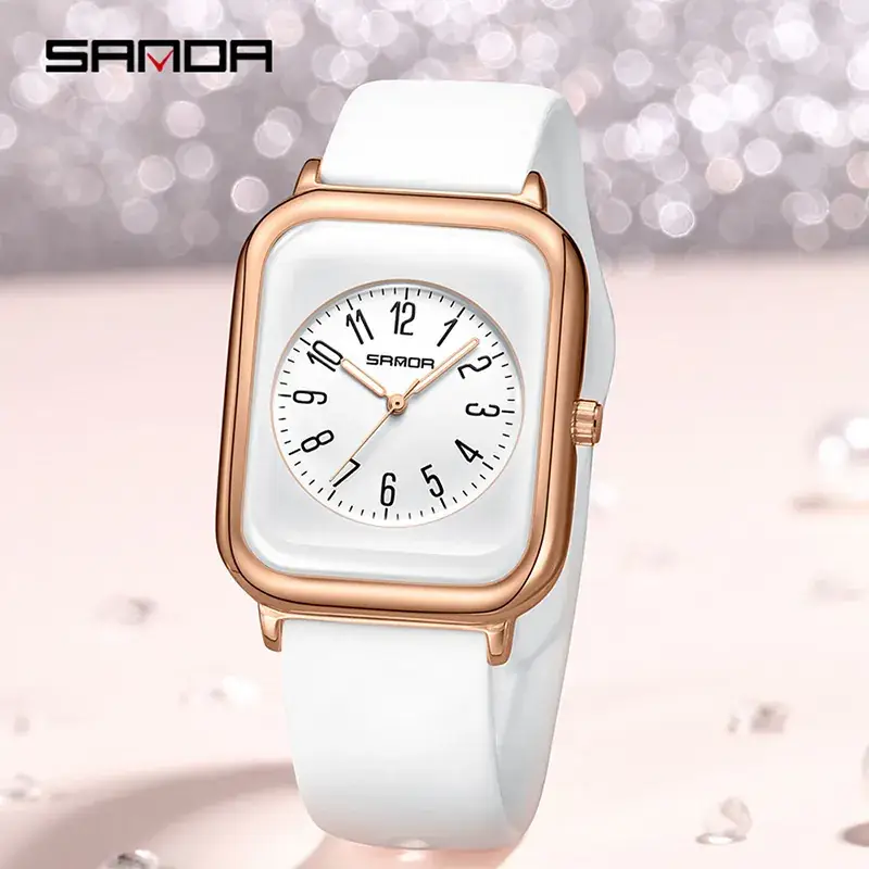 Sanda Square Quartz Watch White Rose Gold Strap