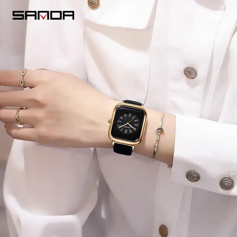 Sanda Square Quartz Watch White Rose Gold Strap