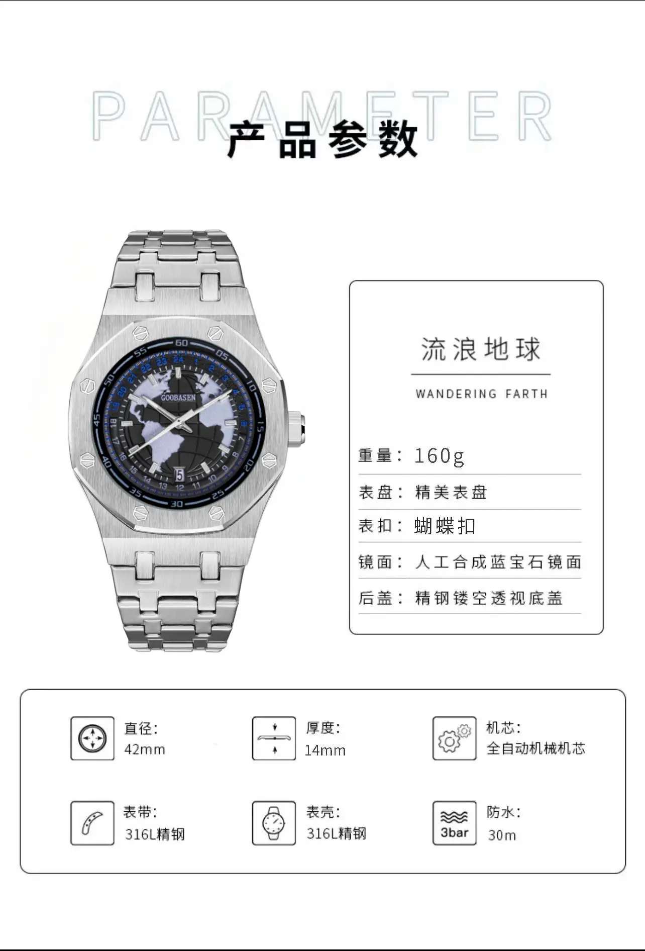 Men's 30m Waterproof Stainless Steel Watch with Calendar & Luminous Dial — feature 9