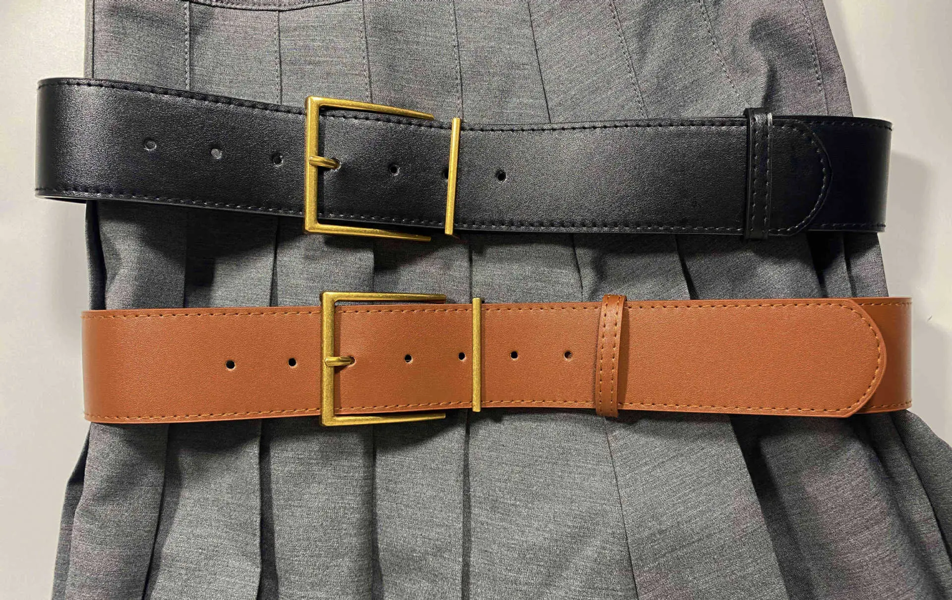 Women's Ultra-wide Imitation Leather Belt Black Brown Big Pin Buckle — feature 13