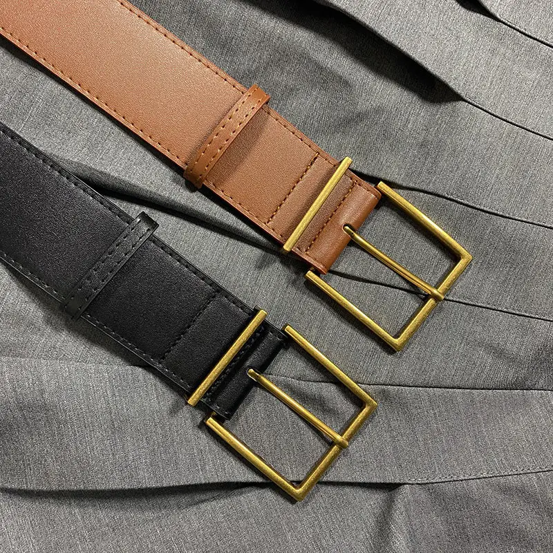 Women's Ultra-wide Imitation Leather Belt Black Brown Big Pin Buckle — feature 14