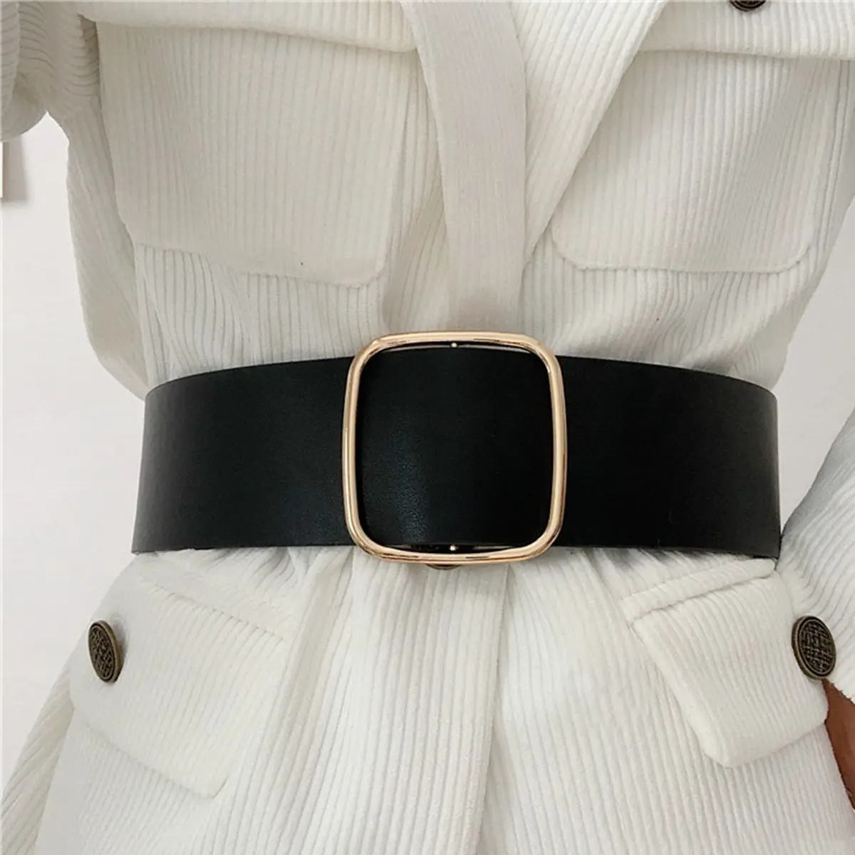 Women's Ultra-wide Imitation Leather Belt Black Brown Big Pin Buckle — feature 5
