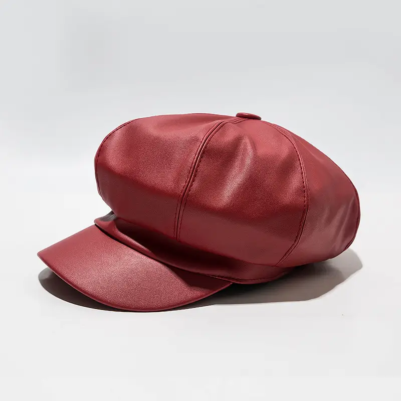 Red Octagonal Puleather Hat for Men Women - Image 5