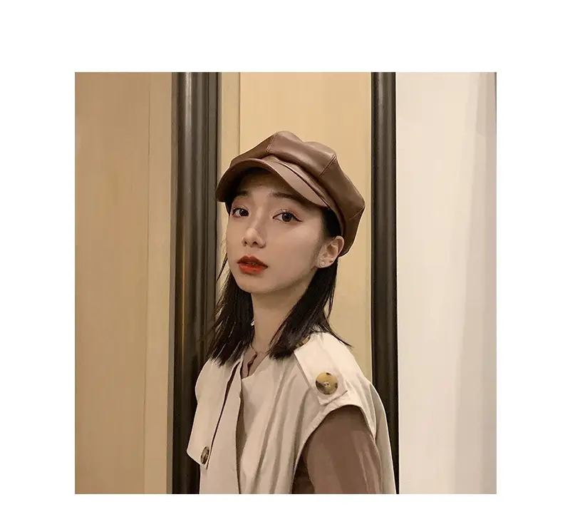 Red Octagonal Puleather Hat for Men Women — feature 10
