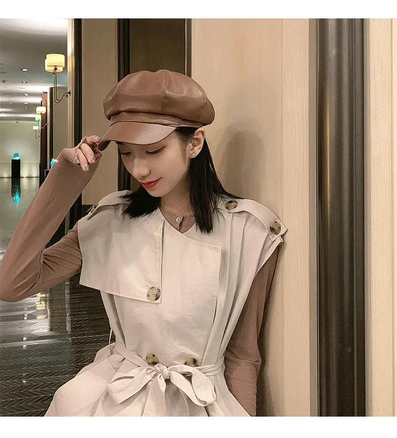 Red Octagonal Puleather Hat for Men Women — feature 7