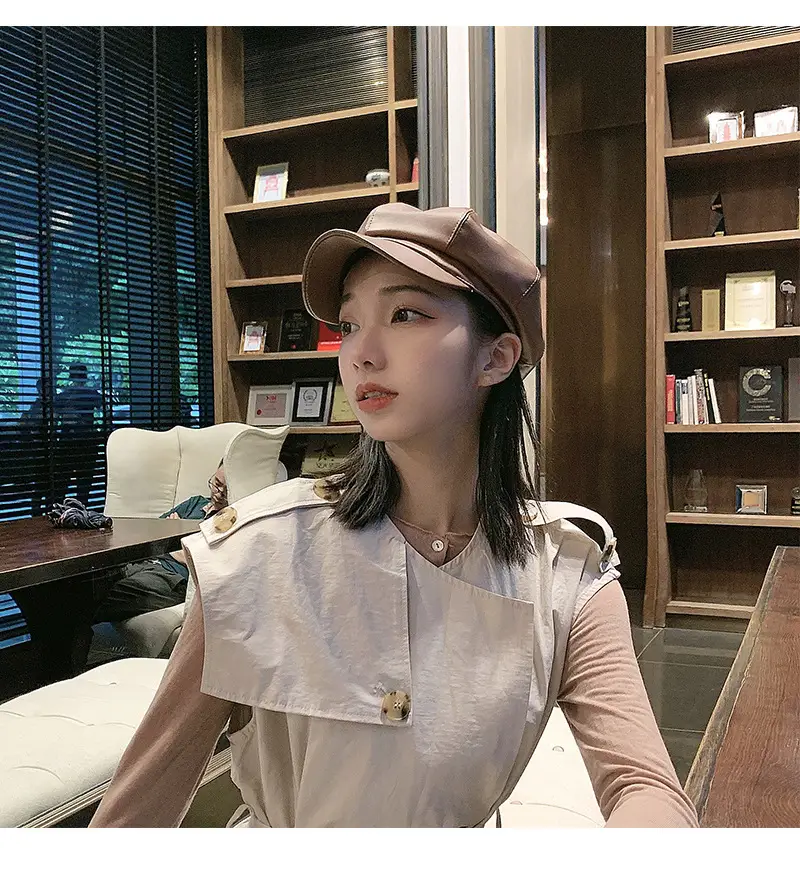 Red Octagonal Puleather Hat for Men Women — feature 9