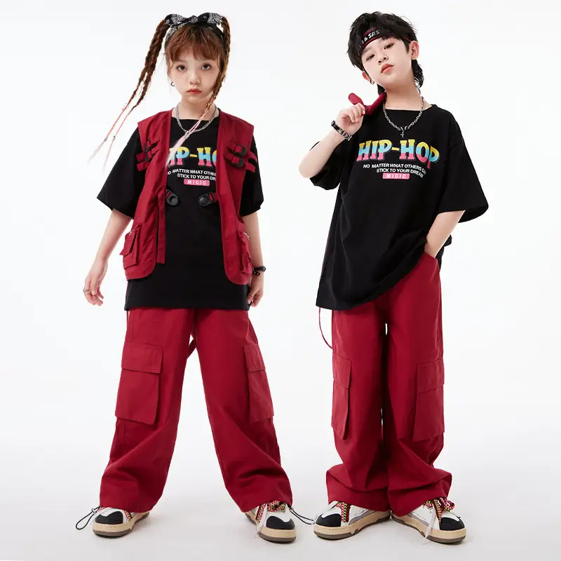 Kids Hip-Hop Vest Red Black Set