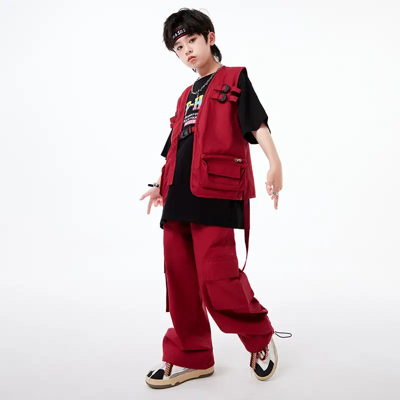 Kids Hip-Hop Vest Red Black Set