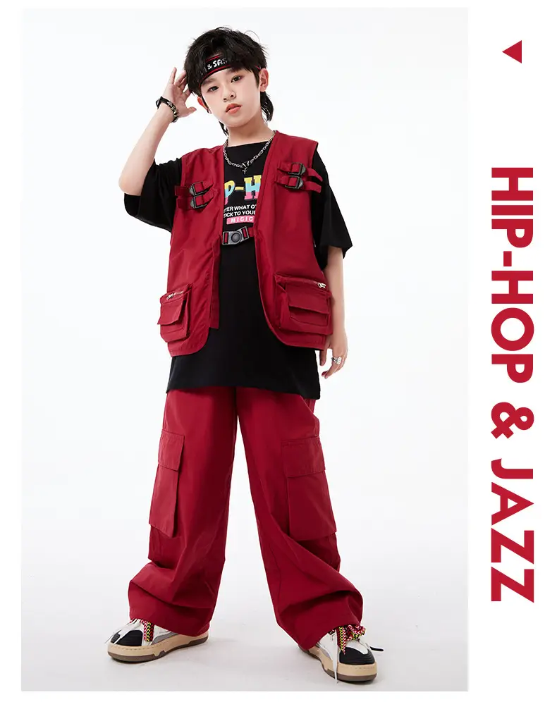 Kids Hip-Hop Vest Red Black Set — feature 11
