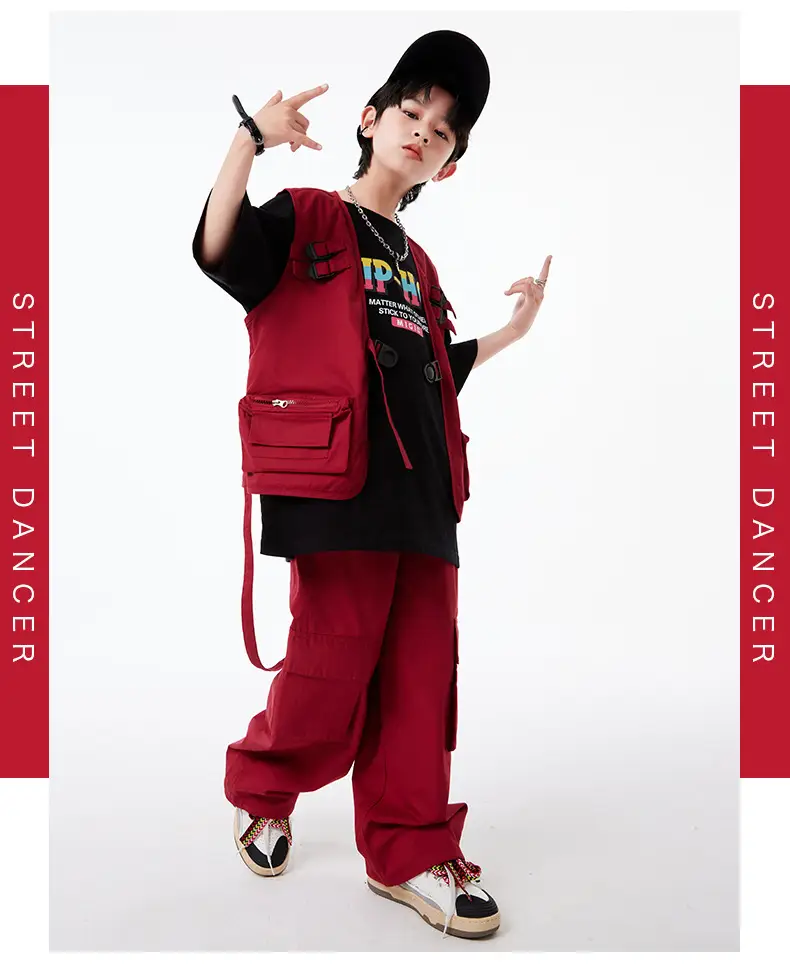 Kids Hip-Hop Vest Red Black Set — feature 12