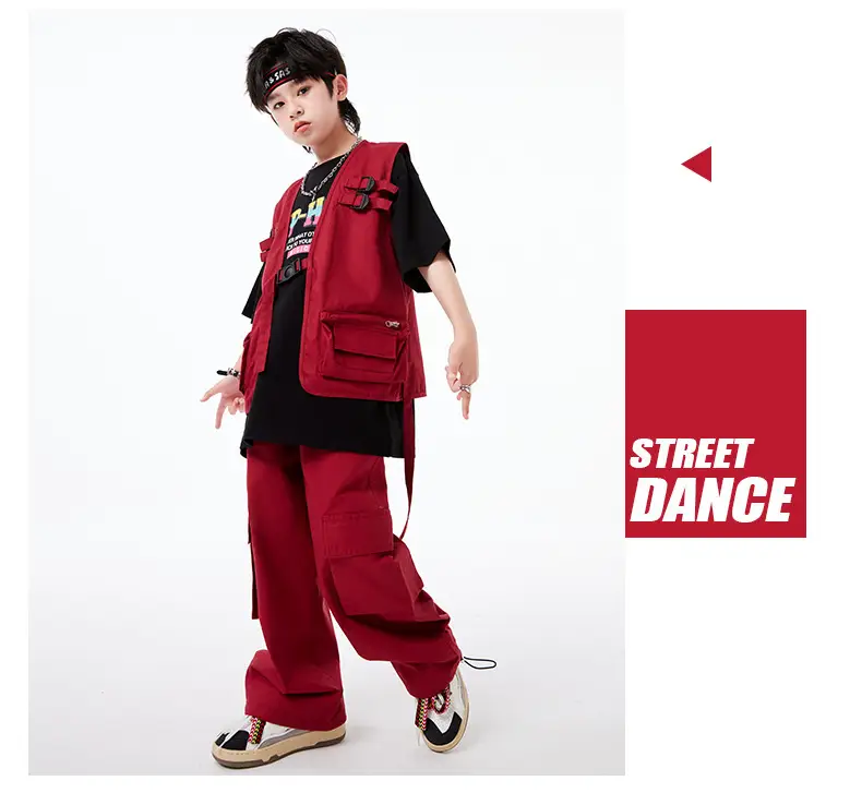 Kids Hip-Hop Vest Red Black Set — feature 13