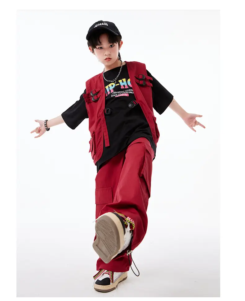 Kids Hip-Hop Vest Red Black Set — feature 14