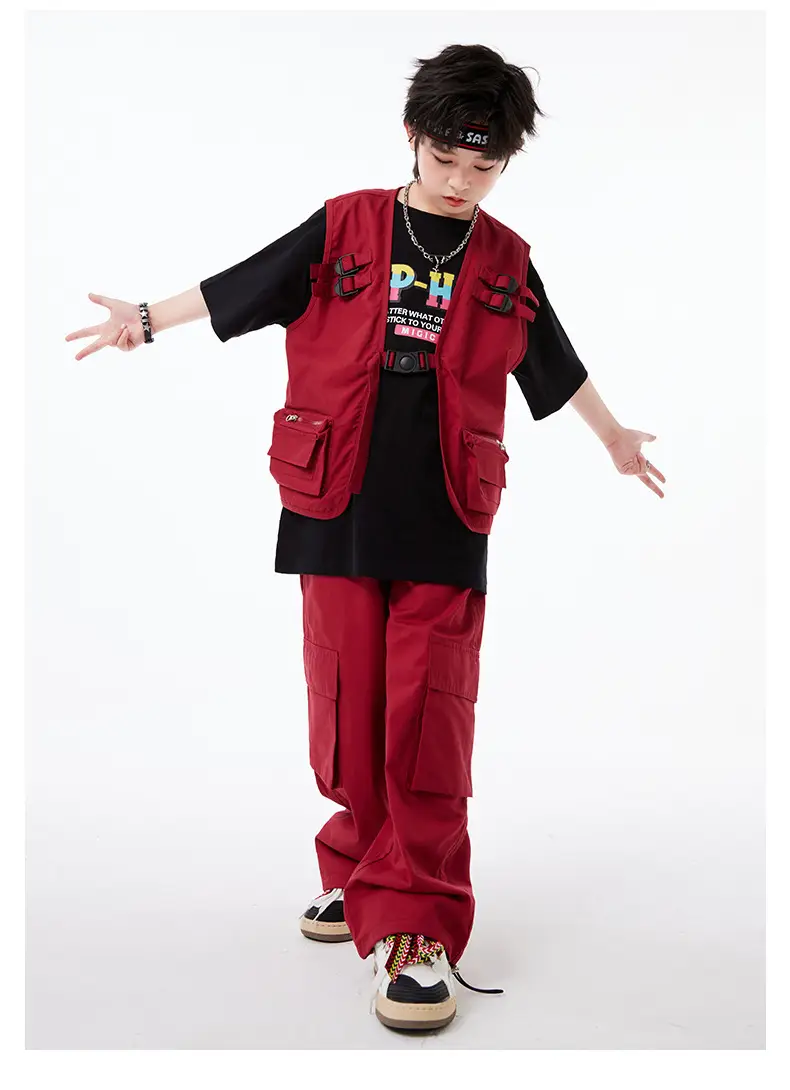 Kids Hip-Hop Vest Red Black Set — feature 15