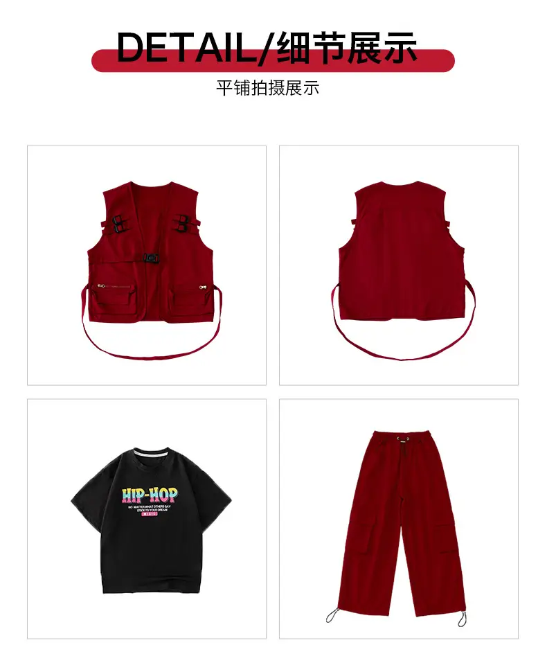 Kids Hip-Hop Vest Red Black Set — feature 16