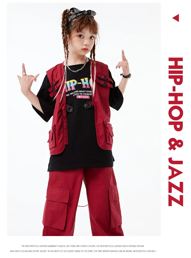 Kids Hip-Hop Vest Red Black Set — feature 7