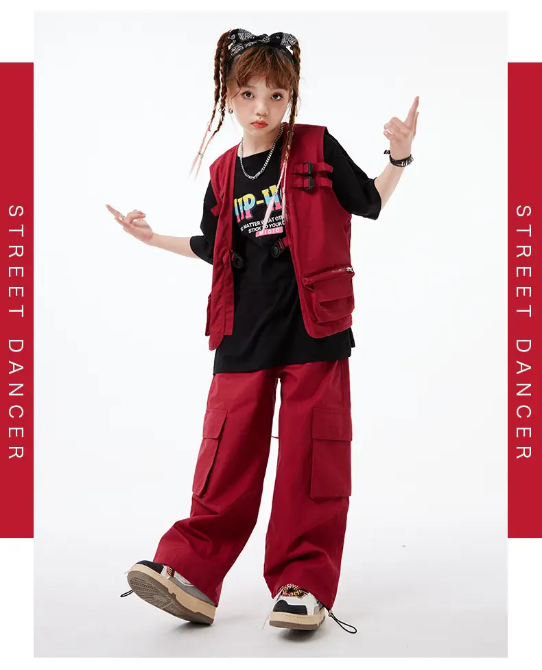 Kids Hip-Hop Vest Red Black Set — feature 8