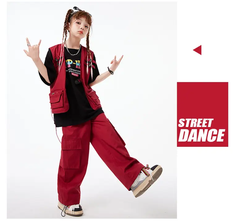 Kids Hip-Hop Vest Red Black Set — feature 9