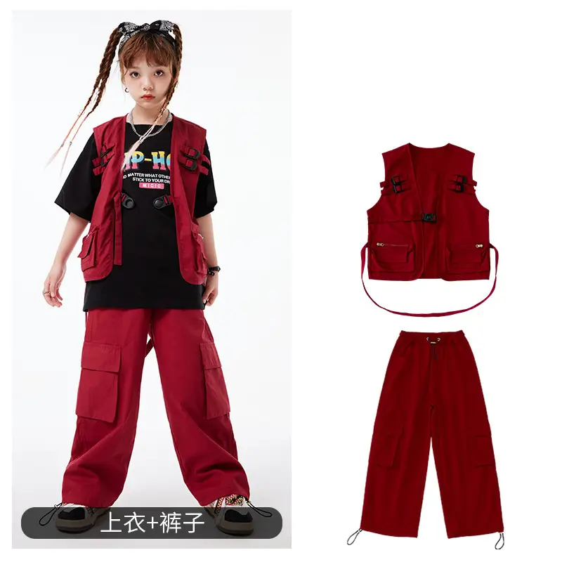 Kids Hip-Hop Vest Red Black Set