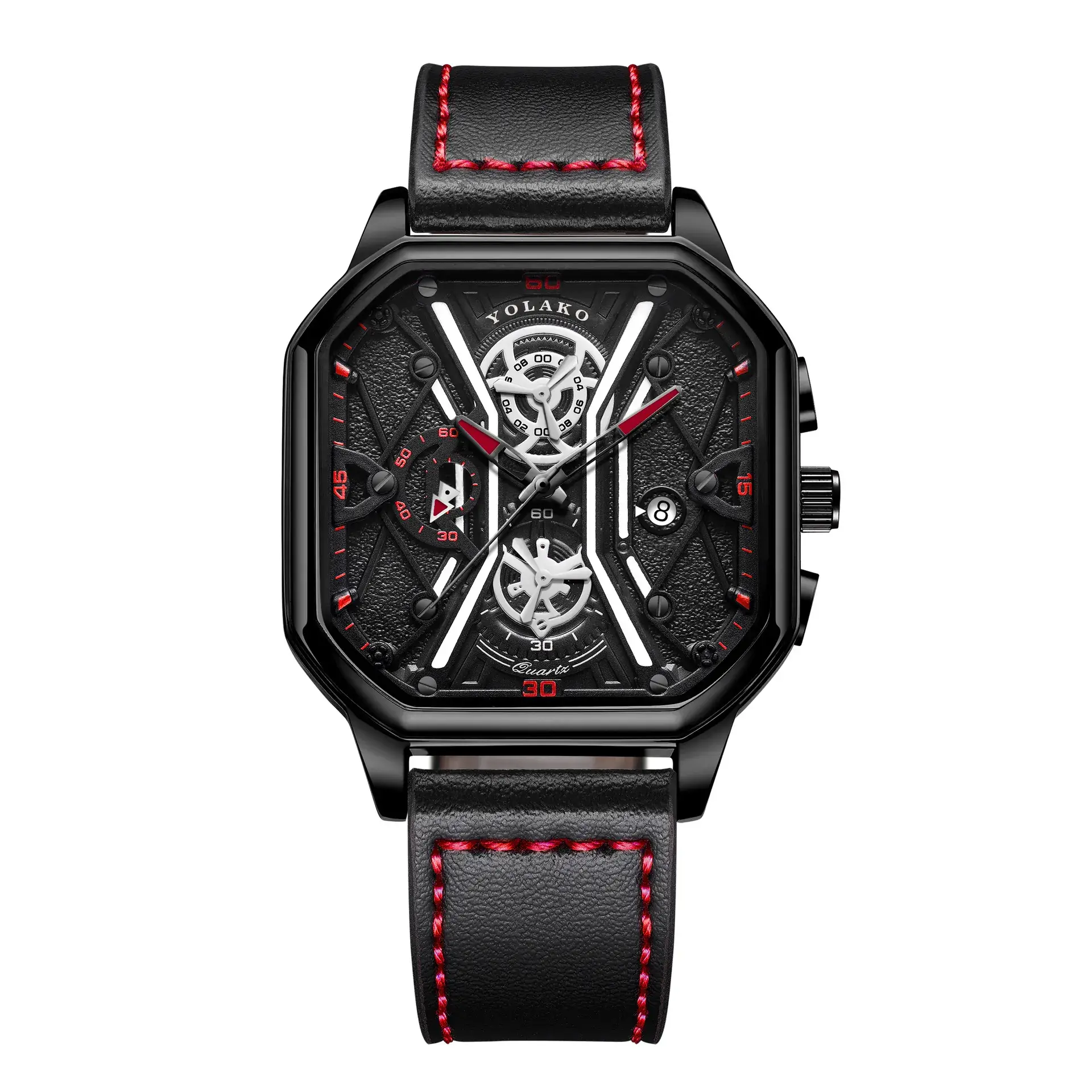 Men's Black Skeleton Square Watch with Double Layer Dial - Image 4