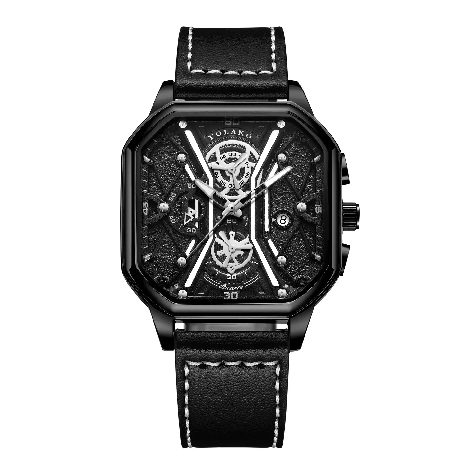 Men's Black Skeleton Square Watch with Double Layer Dial - Image 2