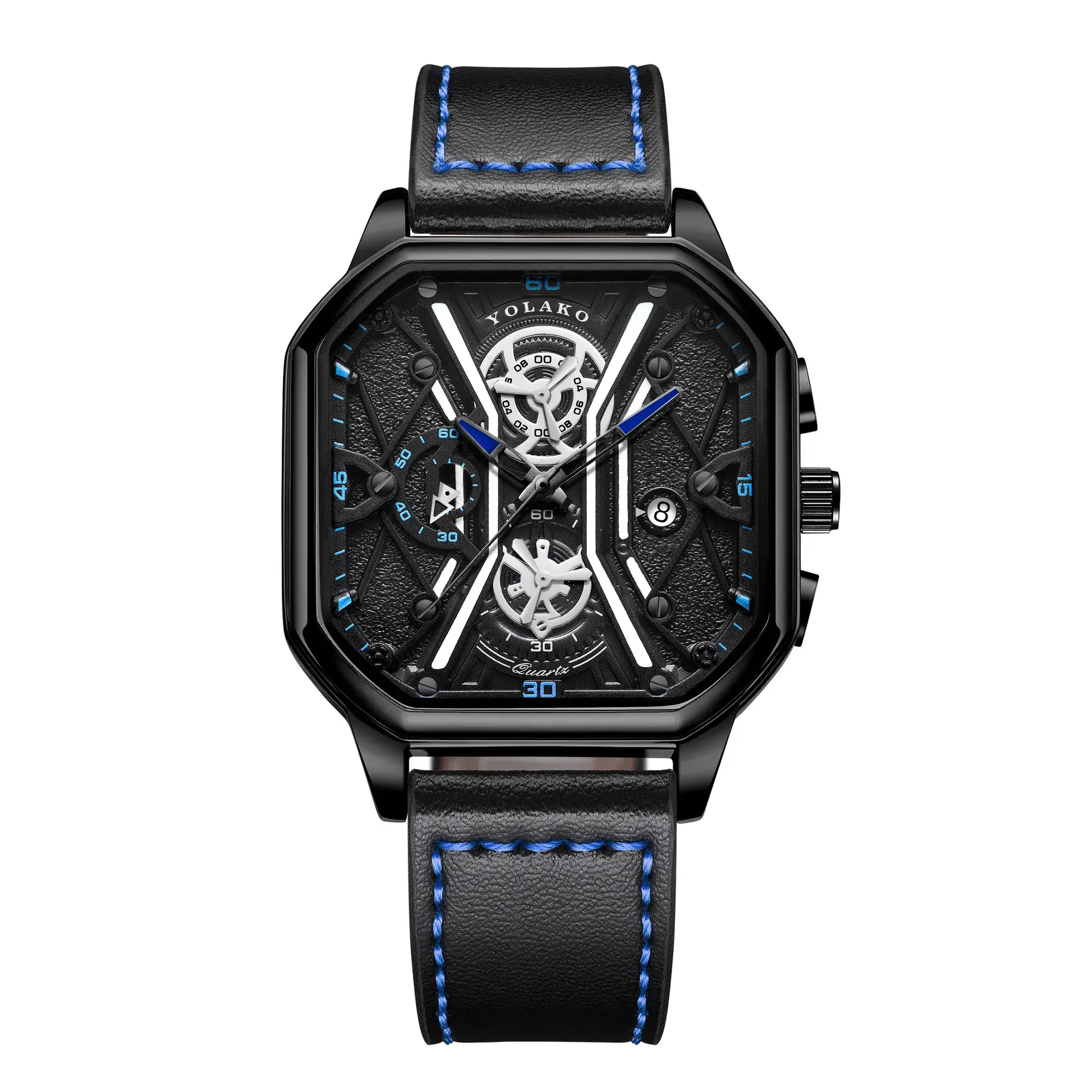 Men's Black Skeleton Square Watch with Double Layer Dial - Image 3