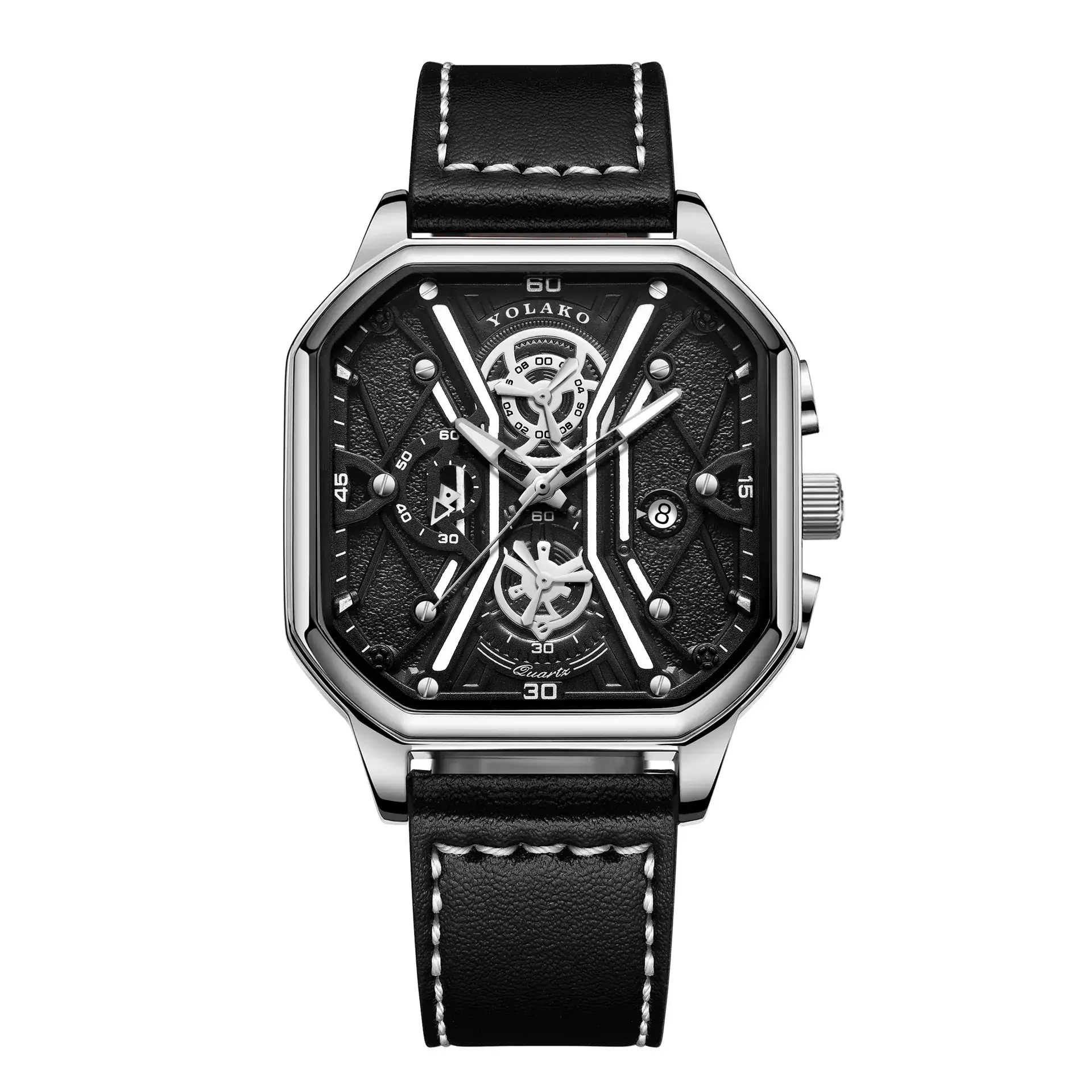 Men's Black Skeleton Square Watch with Double Layer Dial - Image 5