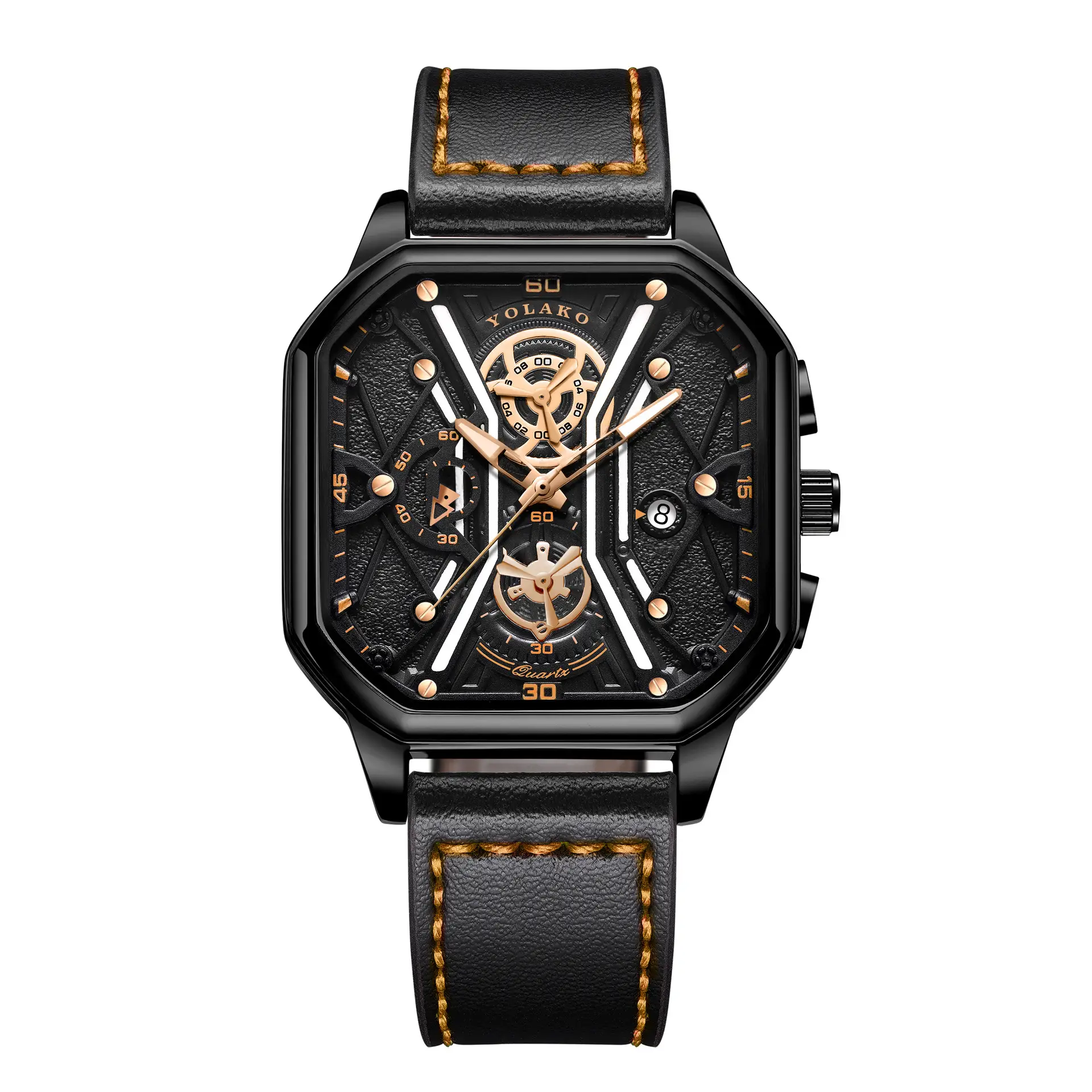 Men's Black Skeleton Square Watch with Double Layer Dial — feature 11