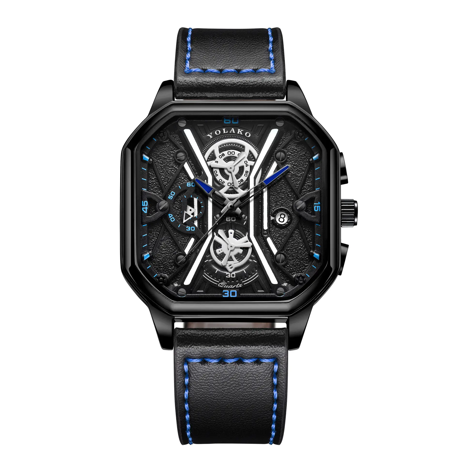 Men's Black Skeleton Square Watch with Double Layer Dial — feature 12