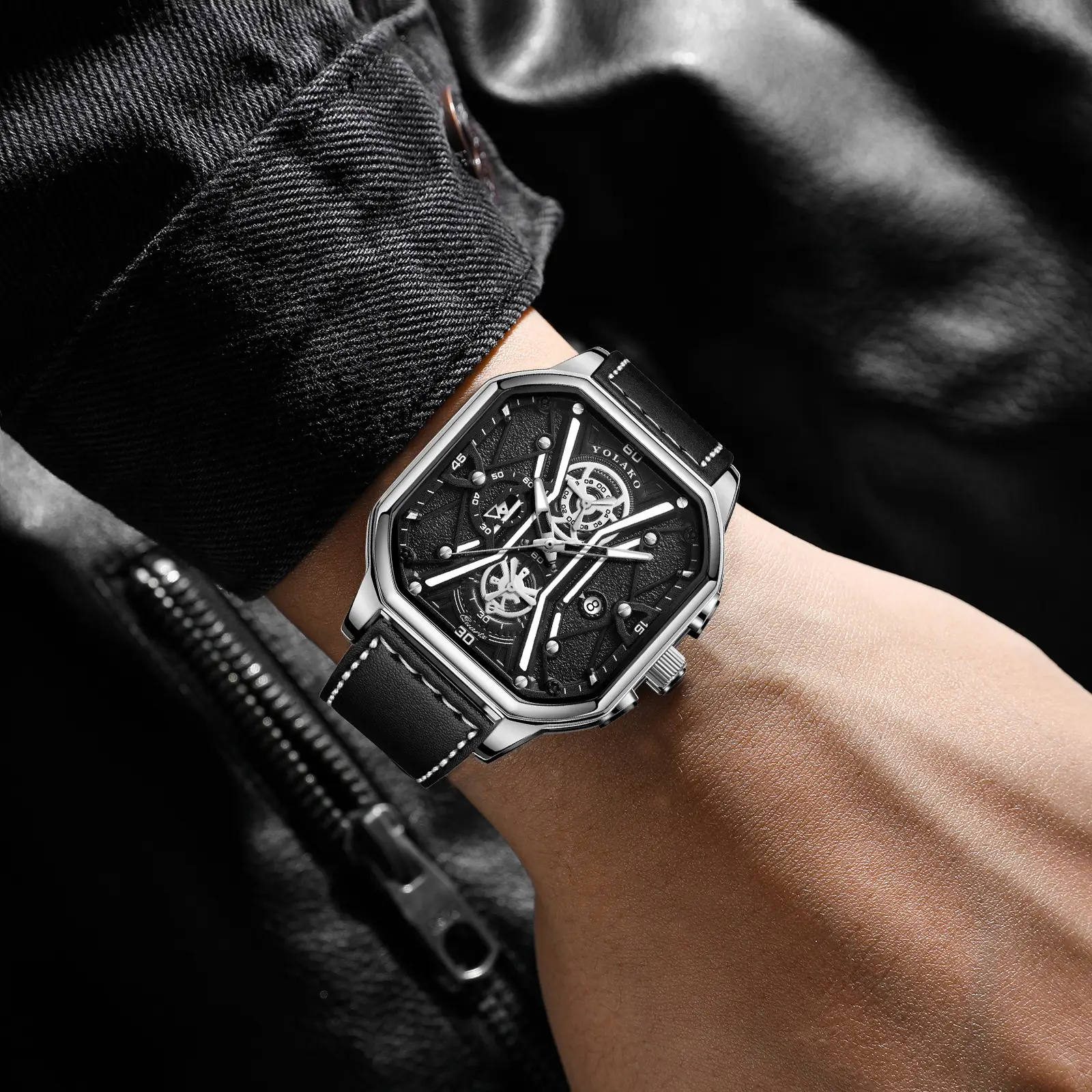 Men's Black Skeleton Square Watch with Double Layer Dial — feature 2