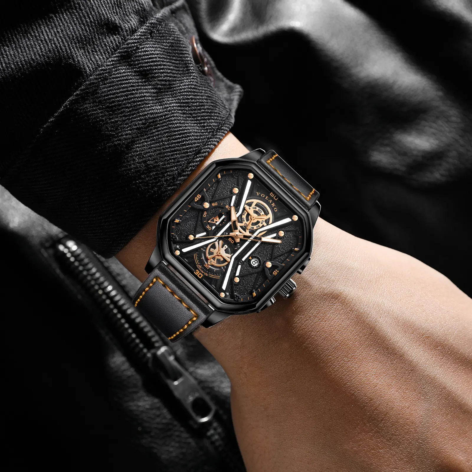 Men's Black Skeleton Square Watch with Double Layer Dial — feature 3