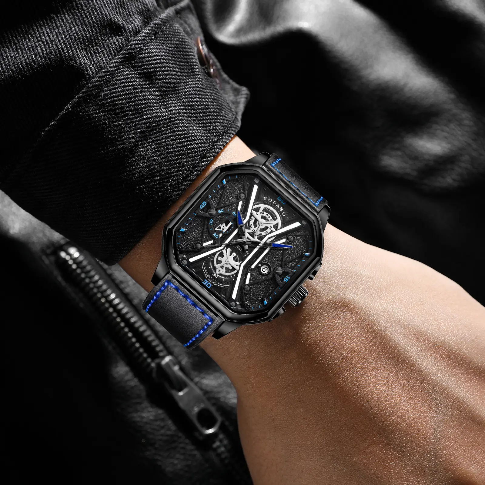 Men's Black Skeleton Square Watch with Double Layer Dial — feature 4