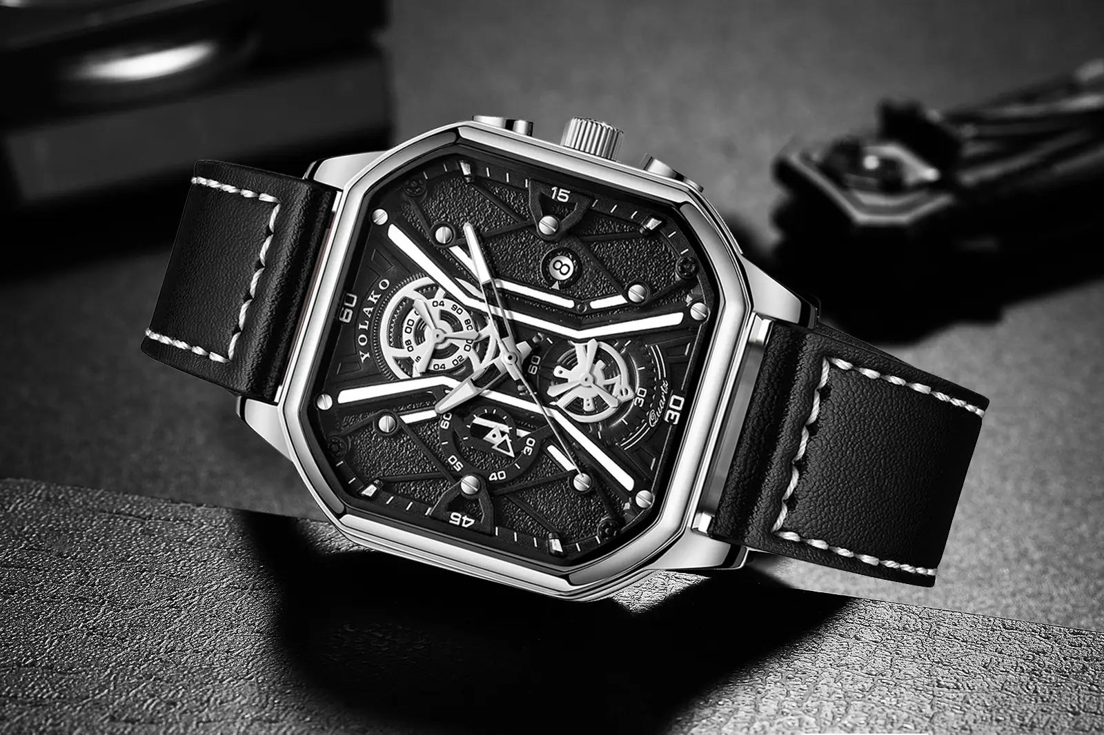 Men's Black Skeleton Square Watch with Double Layer Dial — feature 5