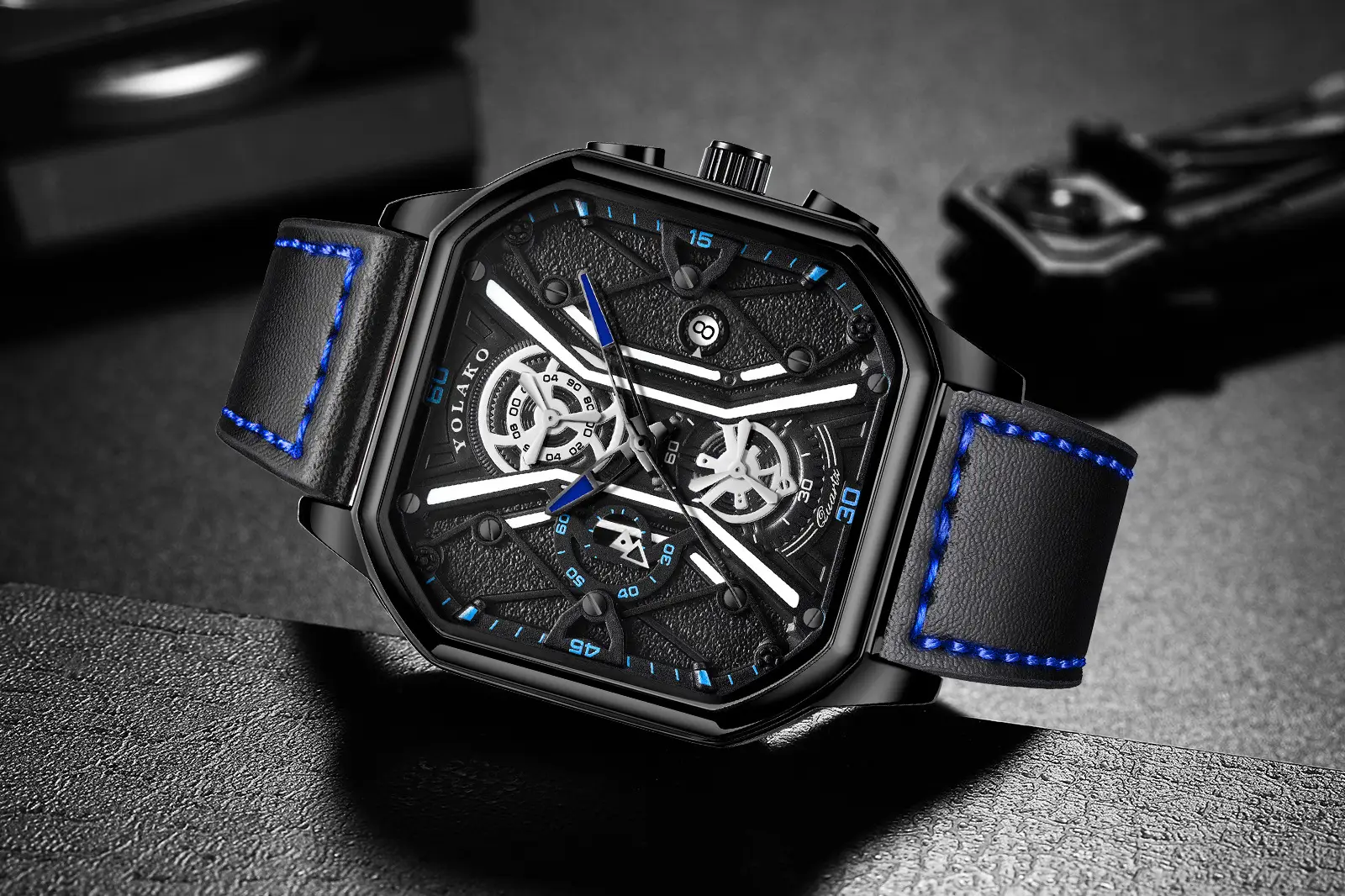 Men's Black Skeleton Square Watch with Double Layer Dial — feature 6