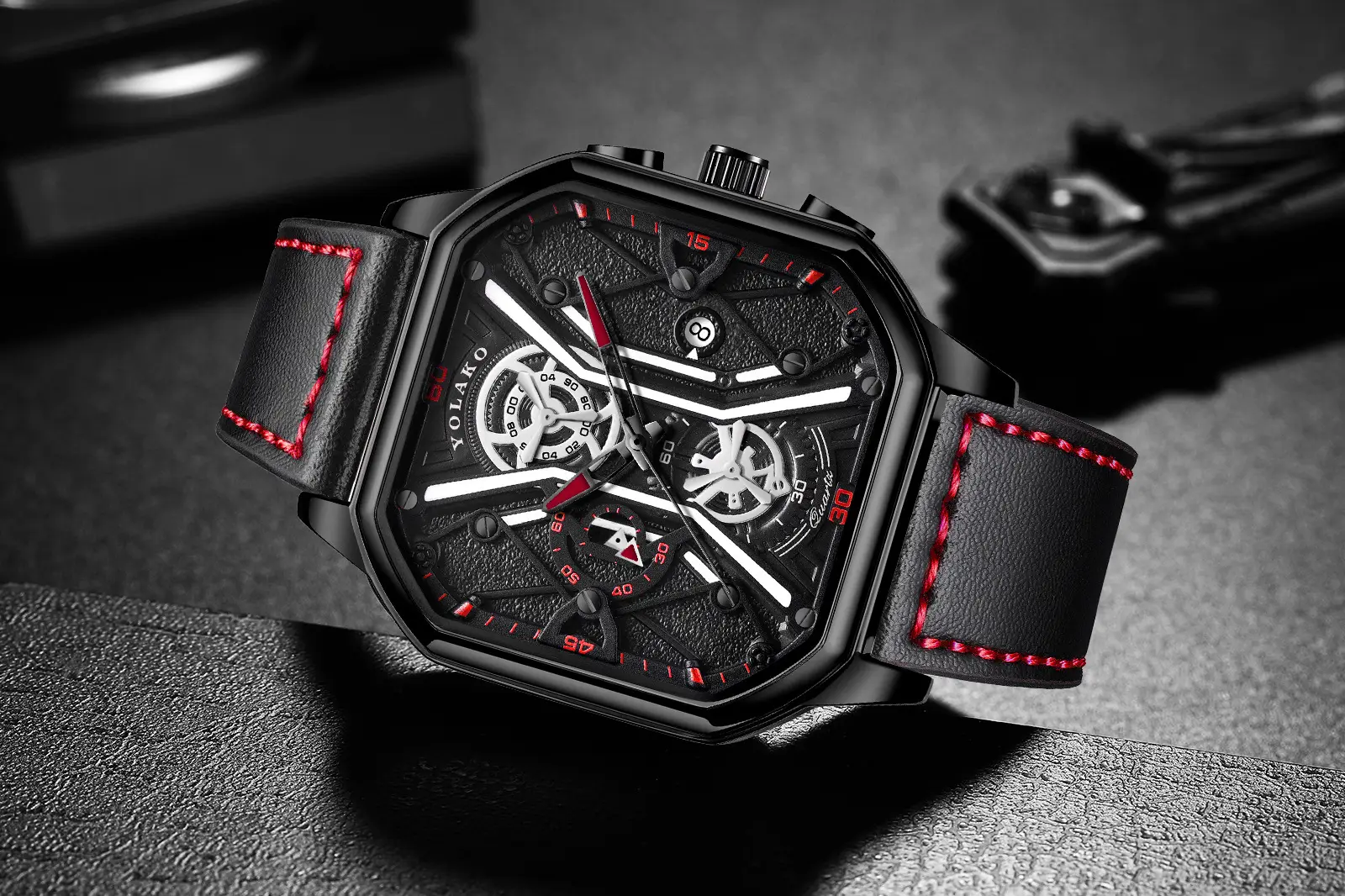 Men's Black Skeleton Square Watch with Double Layer Dial — feature 7