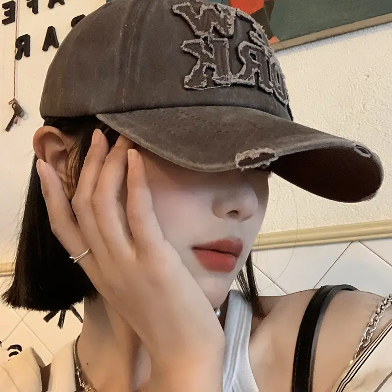 New York Washed Denim Cap Women Retro Dressed Ripped Hole Big Head Showing Face Small Hat Trendy - Image 5
