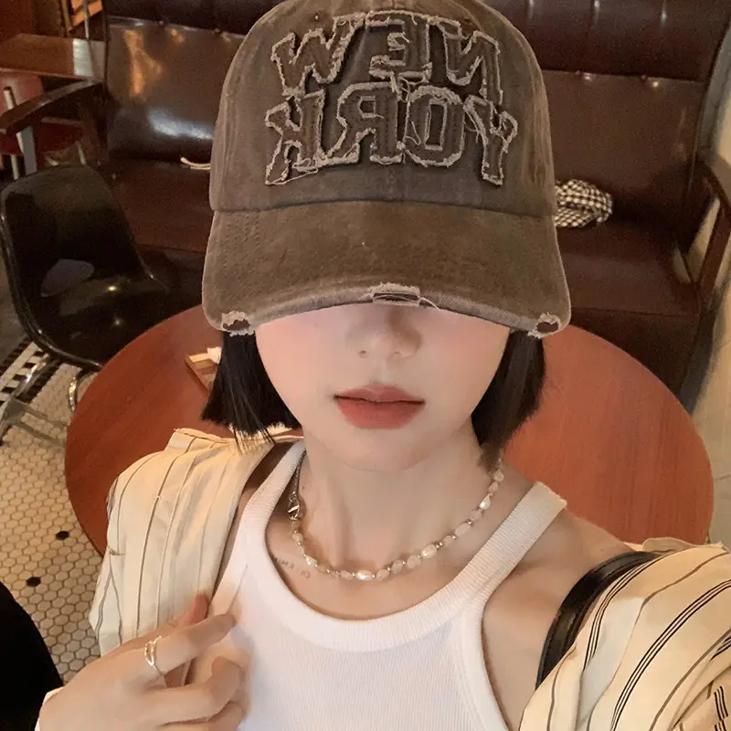 New York Washed Denim Cap Women Retro Dressed Ripped Hole Big Head Showing Face Small Hat Trendy - Image 6