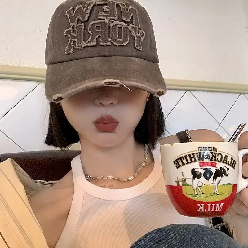 New York Washed Denim Cap Women Retro Dressed Ripped Hole Big Head Showing Face Small Hat Trendy - Image 7