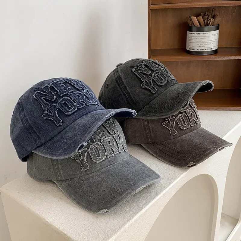 New York Washed Denim Cap Women Retro Dressed Ripped Hole Big Head Showing Face Small Hat Trendy - Image 8