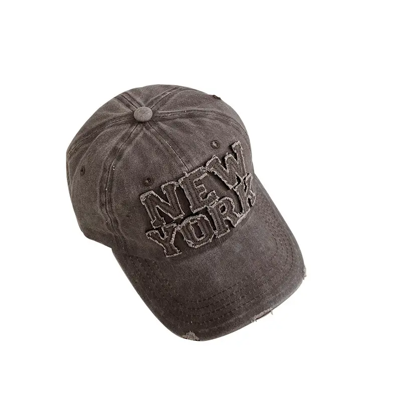 New York Washed Denim Cap Women Retro Dressed Ripped Hole Big Head Showing Face Small Hat Trendy - Image 9