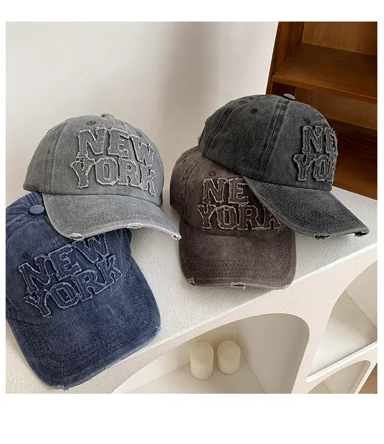 New York Washed Denim Cap Women Retro Dressed Ripped Hole Big Head Showing Face Small Hat Trendy — feature 10