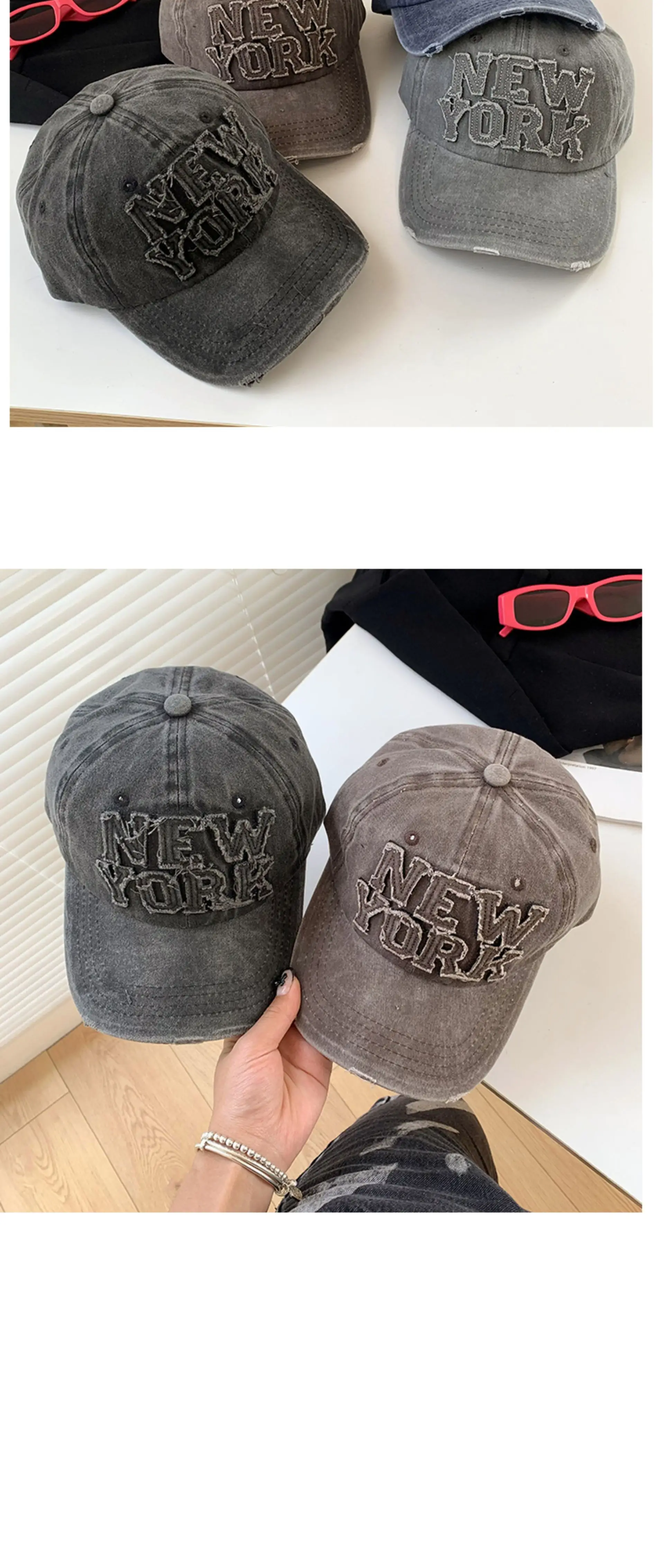 New York Washed Denim Cap Women Retro Dressed Ripped Hole Big Head Showing Face Small Hat Trendy — feature 12