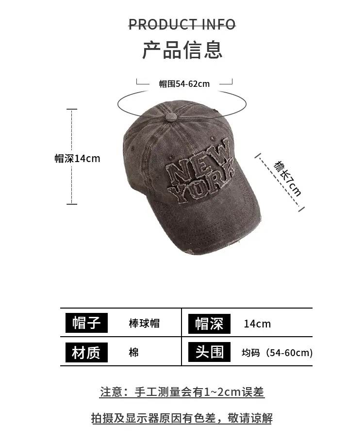 New York Washed Denim Cap Women Retro Dressed Ripped Hole Big Head Showing Face Small Hat Trendy — feature 3