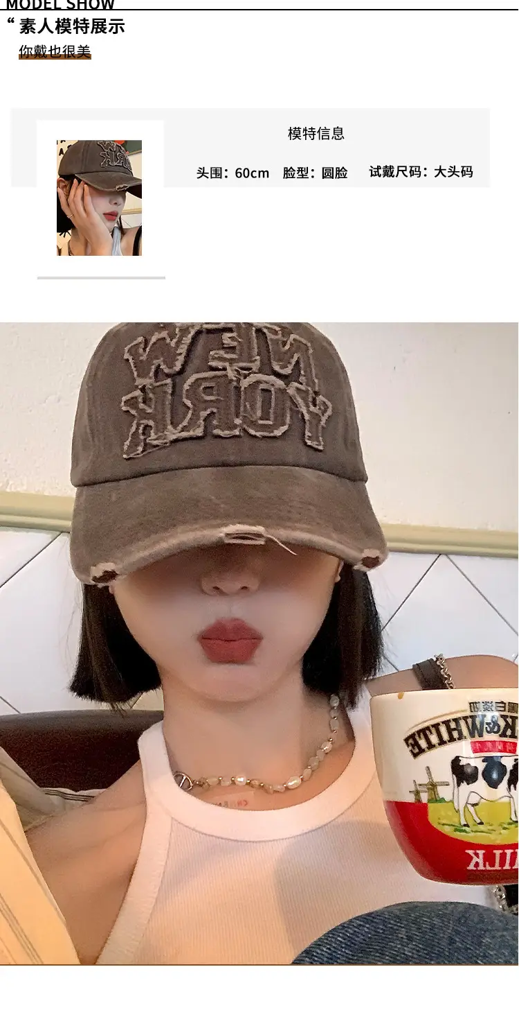 New York Washed Denim Cap Women Retro Dressed Ripped Hole Big Head Showing Face Small Hat Trendy — feature 6
