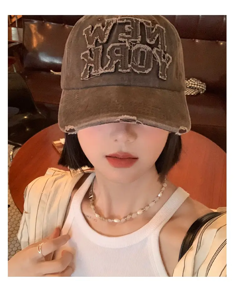 New York Washed Denim Cap Women Retro Dressed Ripped Hole Big Head Showing Face Small Hat Trendy — feature 7