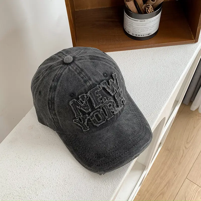 New York Washed Denim Cap Women Retro Dressed Ripped Hole Big Head Showing Face Small Hat Trendy - Image 2